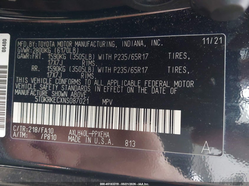 2022 Toyota Sienna VIN 5TDKRKECXNS087021 IAAI salvage auction — RIGHT SIDE, Mv-907A (New York), sold $7,150 on 2026-07-14 (photo 9)