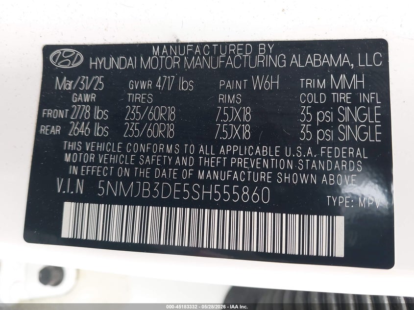 2025 Hyundai Tucson VIN 5NMJB3DE5SH555860 IAAI salvage auction — REAR END, Salvage Title, sold $7,300 on 2026-07-28 (photo 9)