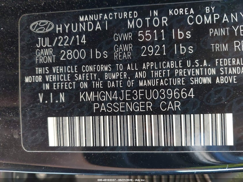 2015 Hyundai Genesis VIN KMHGN4JE3FU039664 IAAI salvage auction — FRONT END, Salvage (North Carolina), sold $650 on 2026-07-27 (photo 9)