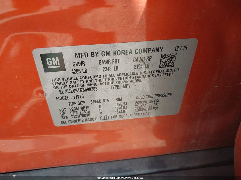 2016 Chevrolet Trax VIN KL7CJLSB1GB599383 IAAI salvage auction — FRONT END, Salvage (Illinois), sold $500 on 2026-07-15 (photo 9)