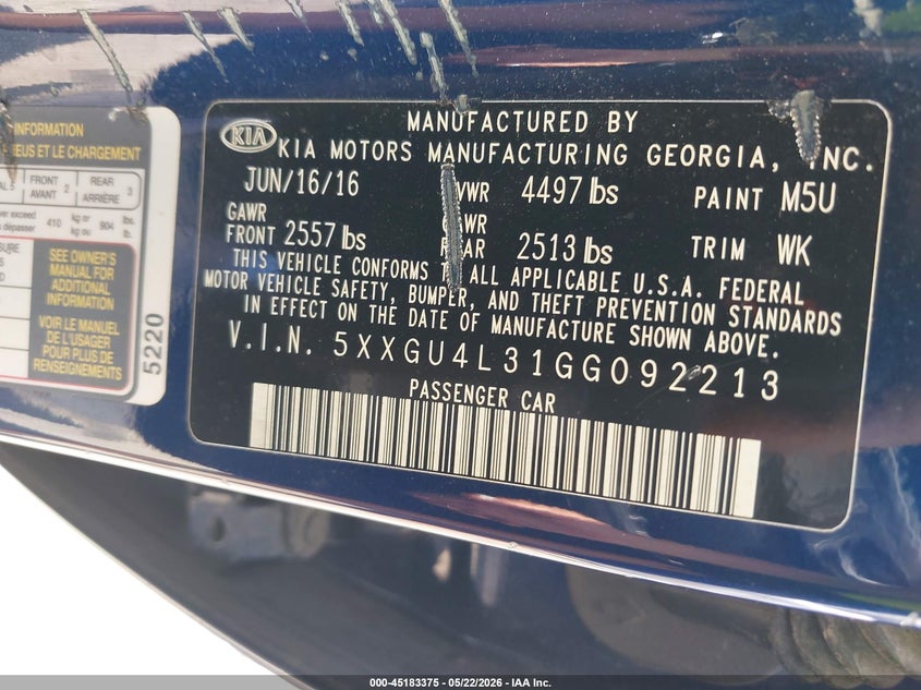 2016 Kia Optima VIN 5XXGU4L31GG092213 IAAI salvage auction — RIGHT SIDE, Salvage (Louisiana), sold $2,100 on 2026-07-20 (photo 9)