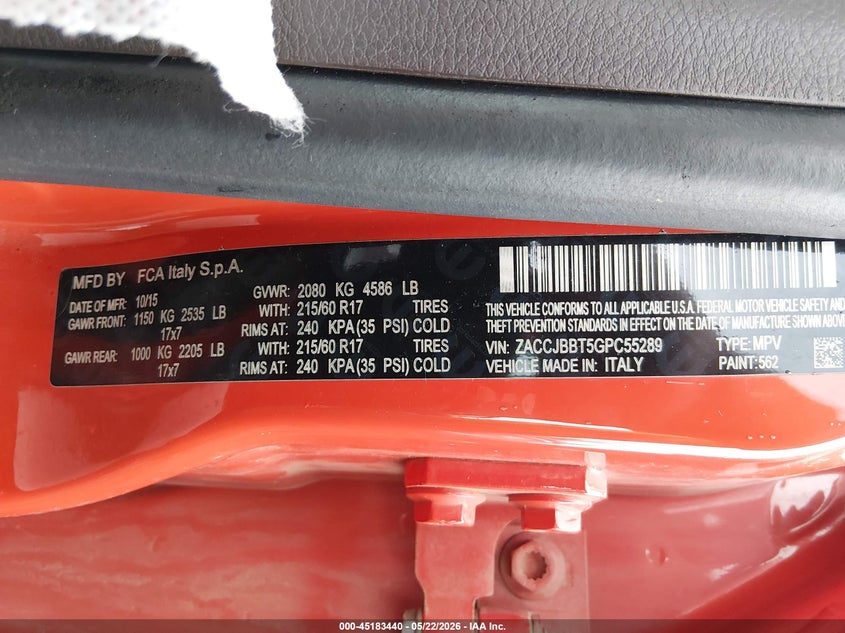 2016 Jeep Renegade VIN ZACCJBBT5GPC55289 IAAI salvage auction — FRONT END, Salvage Title, sold $425 on 2026-08-13 (photo 9)