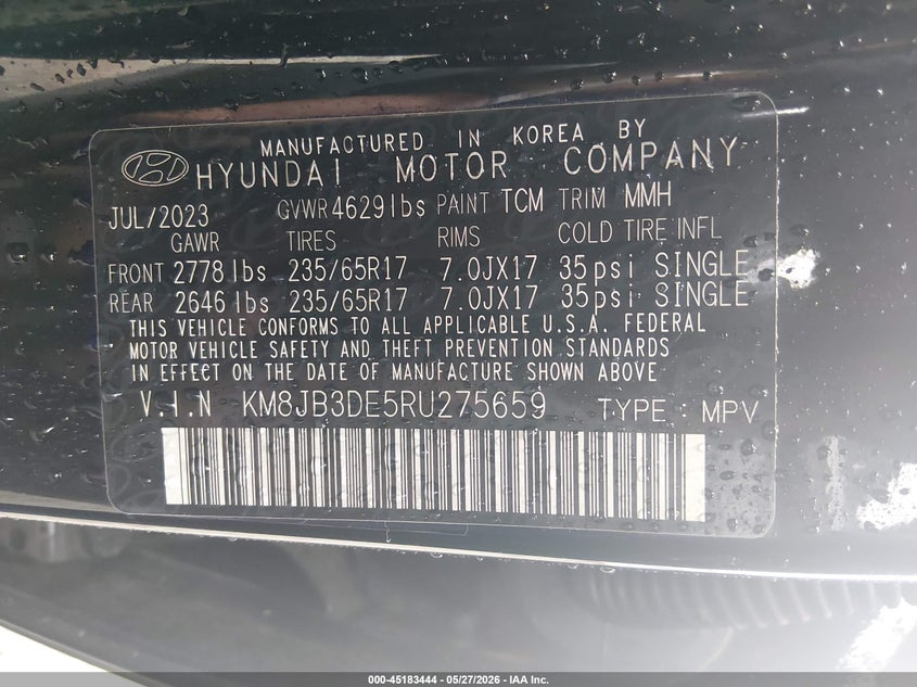 2024 Hyundai Tucson VIN KM8JB3DE5RU275659 IAAI salvage auction — REAR END, Salvage Title, sold $6,000 on 2026-07-29 (photo 9)