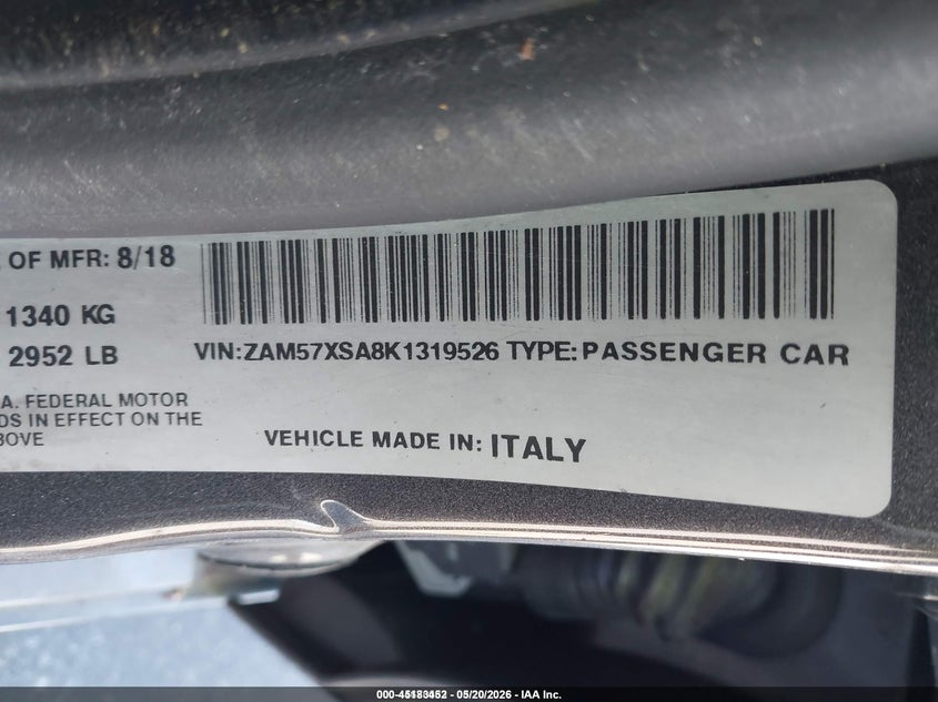 2019 Maserati Ghibli VIN ZAM57XSA8K1319526 IAAI salvage auction — FRONT END, Rebuildable (Florida), sold $1,950 on 2026-07-29 (photo 9)