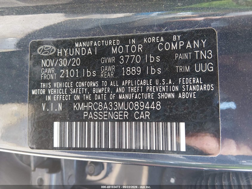2021 Hyundai Venue VIN KMHRC8A33MU089448 IAAI salvage auction — REAR END, Salvage (Louisiana), sold $3,350 on 2026-07-21 (photo 9)