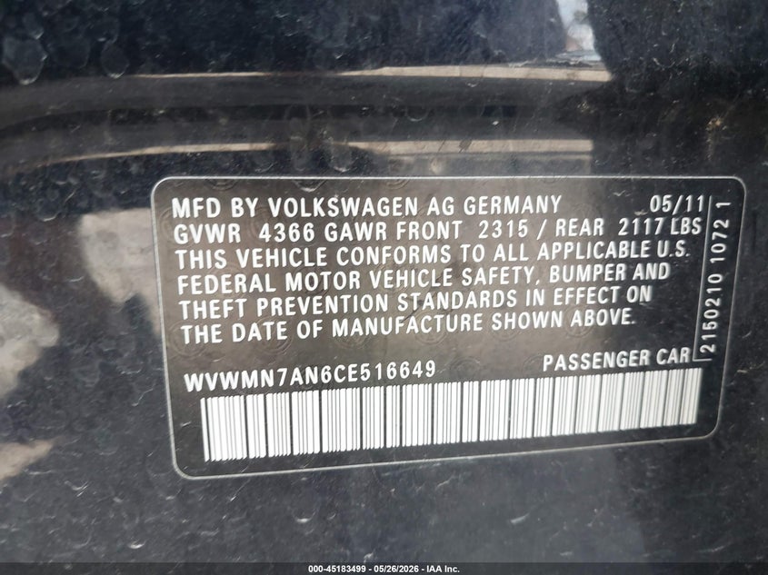 2012 Volkswagen Passat cc VIN WVWMN7AN6CE516649 IAAI salvage auction — RIGHT FRONT, Salvage (Iowa), sold $450 on 2026-07-06 (photo 9)