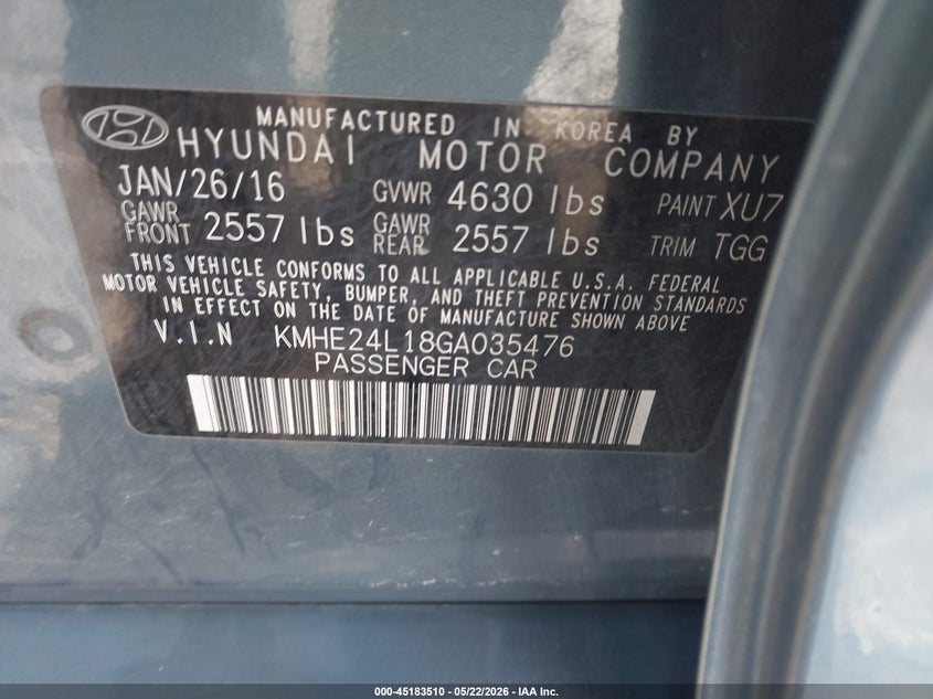2016 Hyundai Sonata VIN KMHE24L18GA035476 IAAI salvage auction — FRONT END, Clear - Dealer Only (California), sold $600 on 2026-07-08 (photo 9)