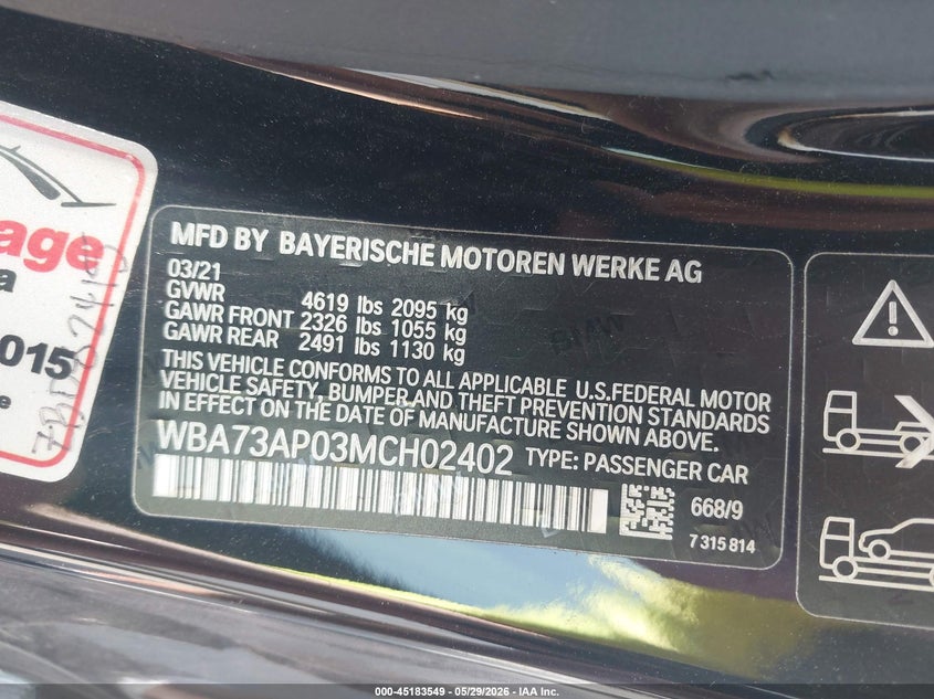 2021 BMW 4er VIN WBA73AP03MCH02402 IAAI salvage auction — RIGHT FRONT, Salvage Title, sold $12,500 on 2026-07-27 (photo 9)