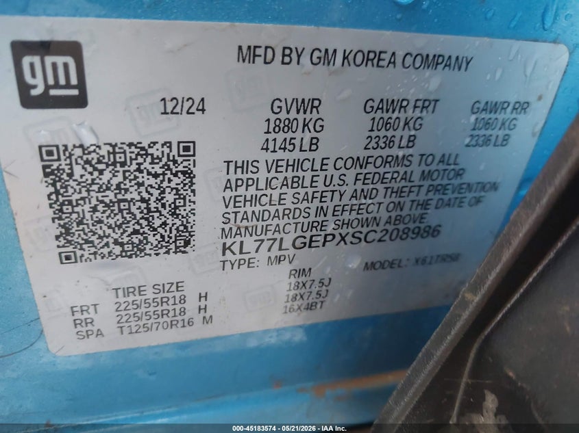 2025 Chevrolet Trax VIN KL77LGEPXSC208986 IAAI salvage auction — HAIL, Clear (Oklahoma), sold $7,500 on 2026-07-29 (photo 9)