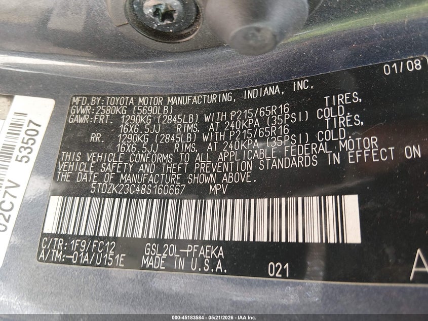 2008 Toyota Sienna VIN 5TDZK23C48S160667 IAAI salvage auction — FRONT END, Clear (Indiana), sold $750 on 2026-07-08 (photo 9)