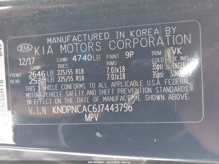 2018 Kia Sportage VIN KNDPNCAC6J7443756 IAAI salvage auction — FRONT END, Salvage (Iowa), sold $3,000 on 2026-07-07 (photo 9)