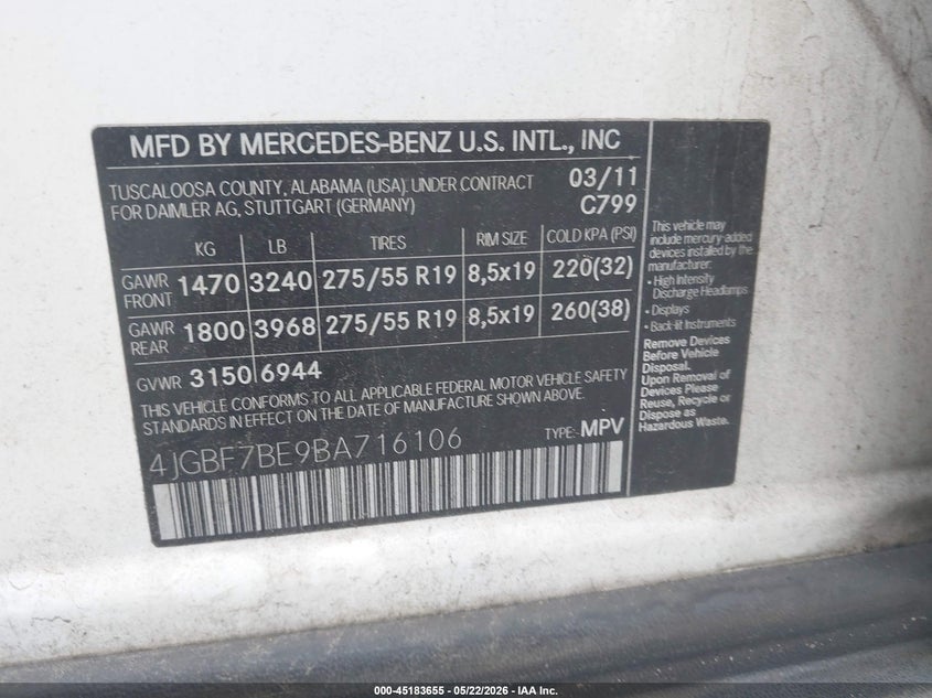 2011 Mercedes-benz Gl-class VIN 4JGBF7BE9BA716106 IAAI salvage auction — FRONT END, Salvage (Mississippi), sold $300 on 2026-07-17 (photo 9)