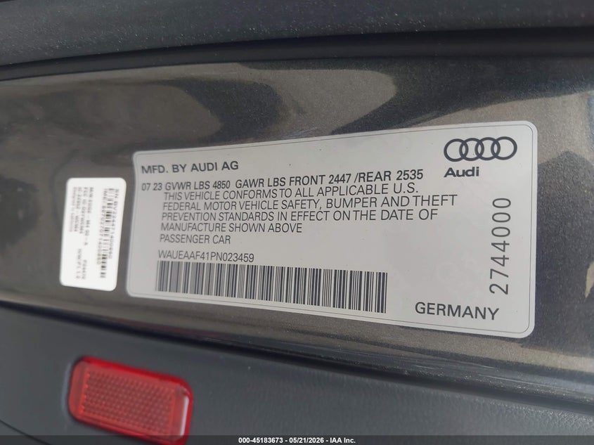 2023 Audi A4 VIN WAUEAAF41PN023459 IAAI salvage auction — ALL OVER, Salvage (Georgia), sold $275 on 2026-07-22 (photo 9)