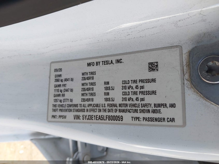 2020 Tesla Model 3 VIN 5YJ3E1EA5LF800059 IAAI salvage auction — RIGHT REAR, Salvage Certificate (California), sold $6,850 on 2026-07-17 (photo 9)