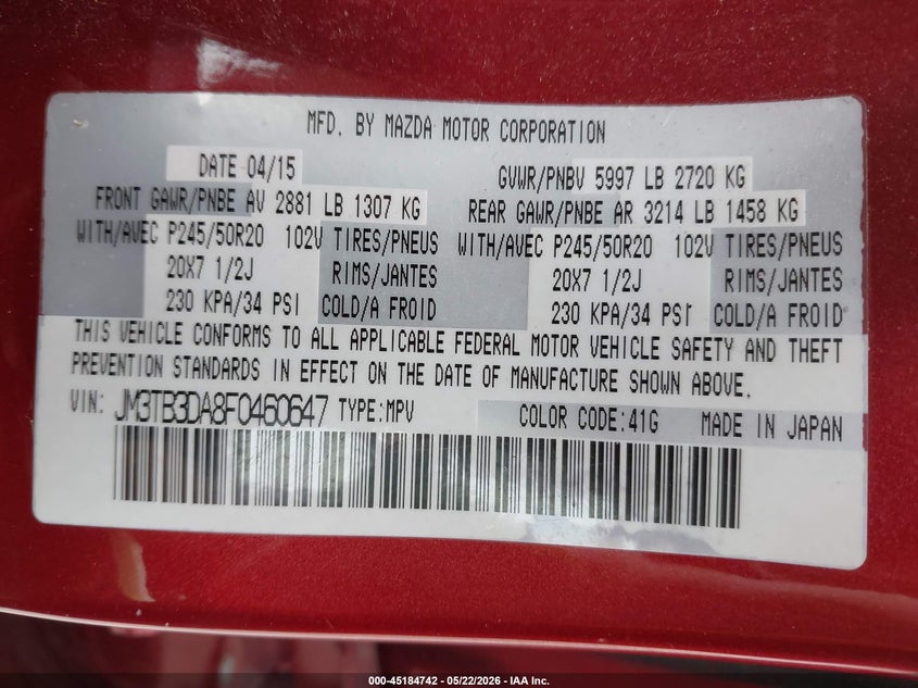 2015 Mazda Cx-9 VIN JM3TB3DA8F0460647 IAAI salvage auction — FRONT END, Clear (Indiana), sold $450 on 2026-07-16 (photo 9)