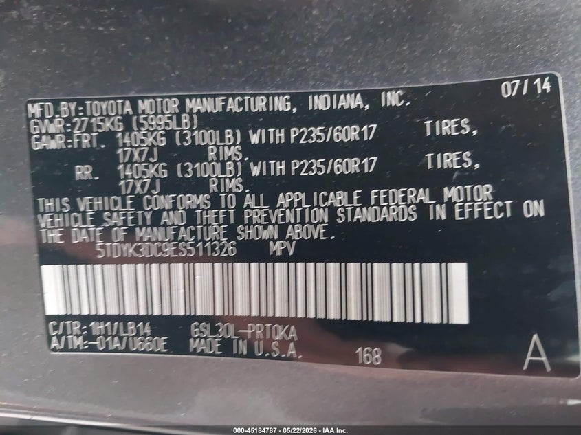 2014 Toyota Sienna VIN 5TDYK3DC9ES511326 IAAI salvage auction — FRONT END, Salvage Title, sold $1,950 on 2026-07-31 (photo 9)