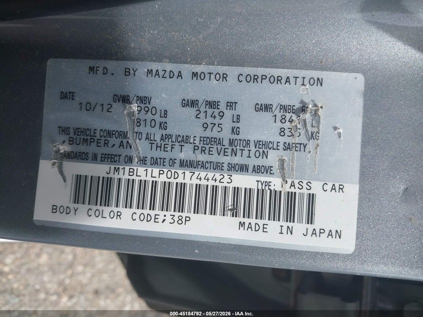2013 Mazda 3 VIN JM1BL1LP0D1744423 IAAI salvage auction — FRONT END, Salvage Title, sold $600 on 2026-07-21 (photo 9)