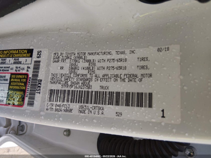 2018 Toyota Tundra VIN 5TFRY5F16JX237503 IAAI salvage auction — REAR END, Salvage (South Carolina), sold $12,050 on 2026-07-07 (photo 9)