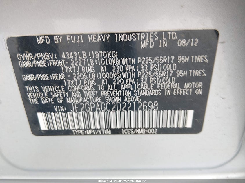 2013 Subaru Xv VIN JF2GPAGC2D2212698 IAAI salvage auction — FRONT END, Salvage (Missouri), sold $1,325 on 2026-07-09 (photo 9)