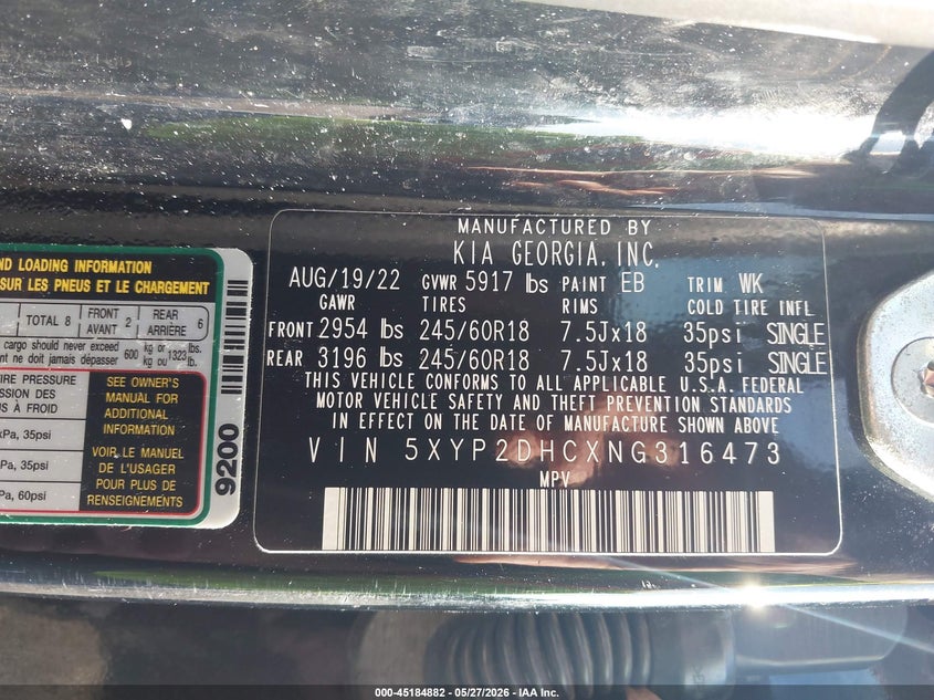 2022 Kia Telluride VIN 5XYP2DHCXNG316473 IAAI salvage auction — ROOF, Salvage Title, sold $6,500 on 2026-07-21 (photo 9)
