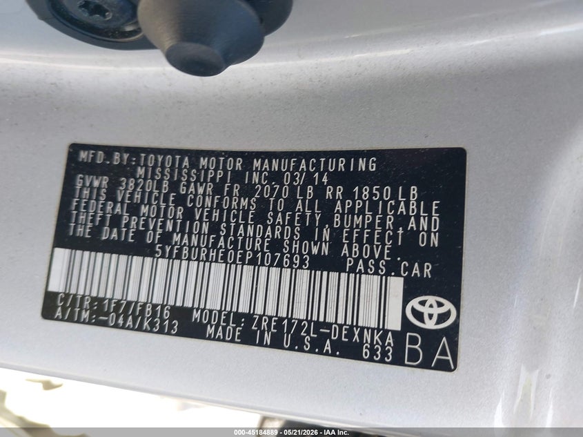 2014 Toyota Corolla VIN 5YFBURHE0EP107693 IAAI salvage auction — RIGHT REAR, Salvage (California), sold $5,400 on 2026-07-07 (photo 9)