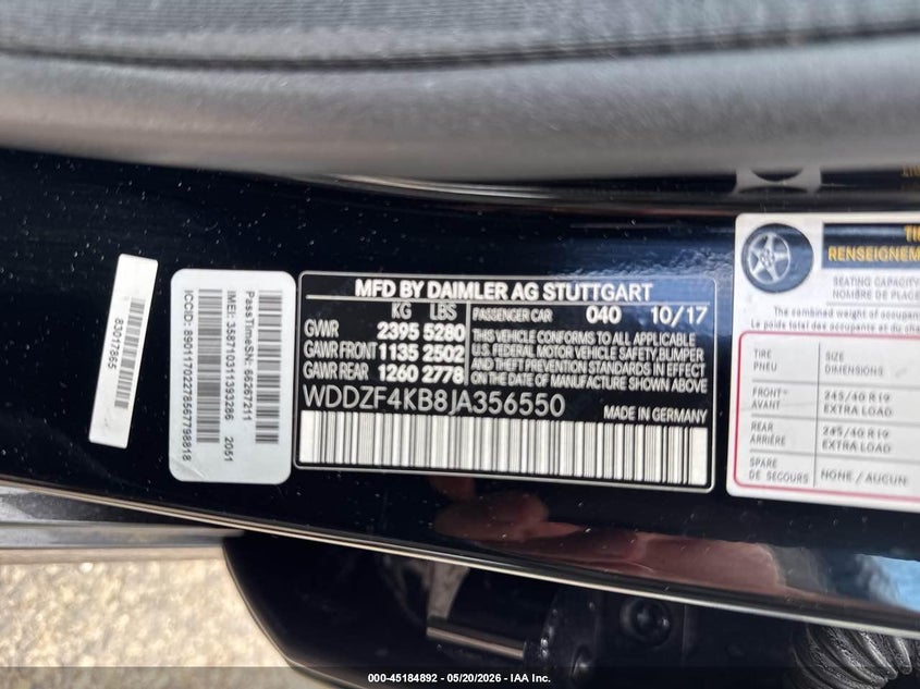 2018 Mercedes-benz VIN WDDZF4KB8JA356550 IAAI salvage auction — NORMAL WEAR, Clear (New York), sold $10,825 on 2026-07-08 (photo 9)