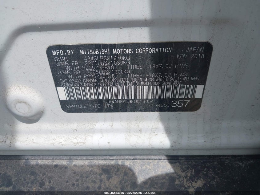 2019 Mitsubishi Outlander VIN JA4AR3AU9KU016054 IAAI salvage auction — FRONT END, Salvage Title, sold $1,750 on 2026-07-07 (photo 9)