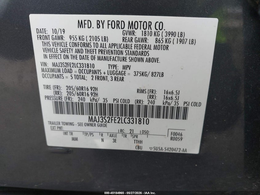 2020 Ford Ecosport VIN MAJ3S2FE2LC331810 IAAI salvage auction — FRONT END, Salvage Title, sold $750 on 2026-07-09 (photo 9)