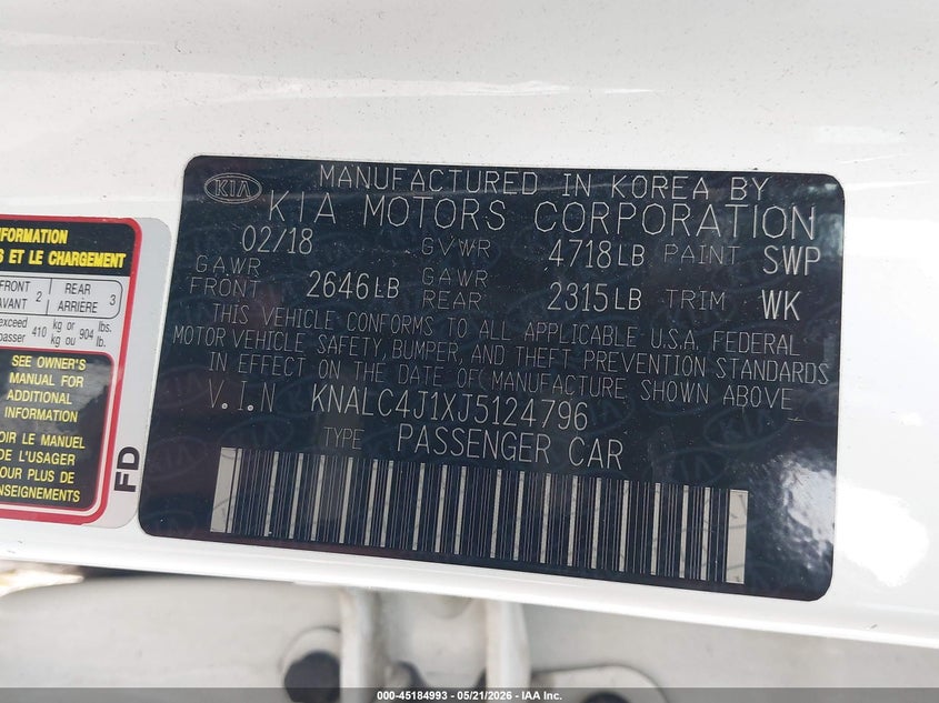 2018 Kia Cadenza VIN KNALC4J1XJ5124796 IAAI salvage auction — LEFT SIDE, Clear (Indiana), sold $4,250 on 2026-07-15 (photo 9)