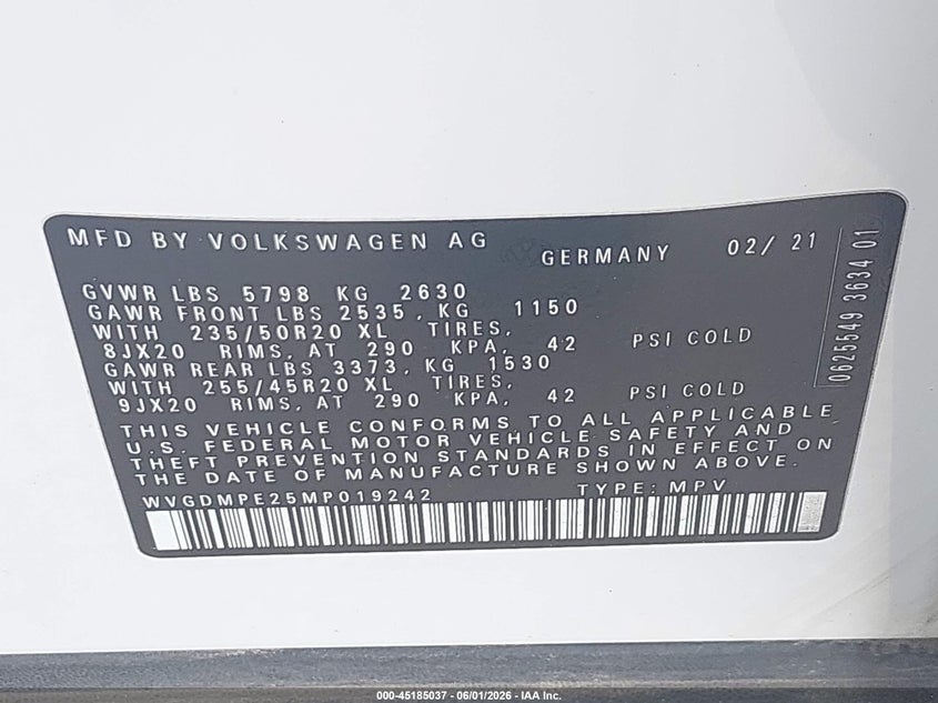 2021 Volkswagen Id.4 VIN WVGDMPE25MP019242 IAAI salvage auction — UNDERCARRIAGE, Salvage Title, sold $9,700 on 2026-07-09 (photo 9)