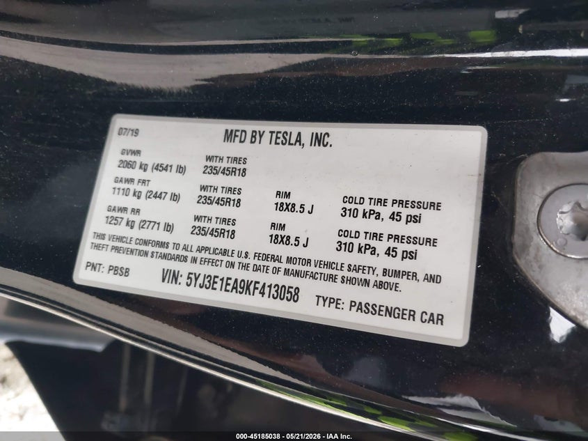 2019 Tesla Model 3 VIN 5YJ3E1EA9KF413058 IAAI salvage auction — REAR END, Salvage (New Jersey), sold $4,550 on 2026-07-31 (photo 9)