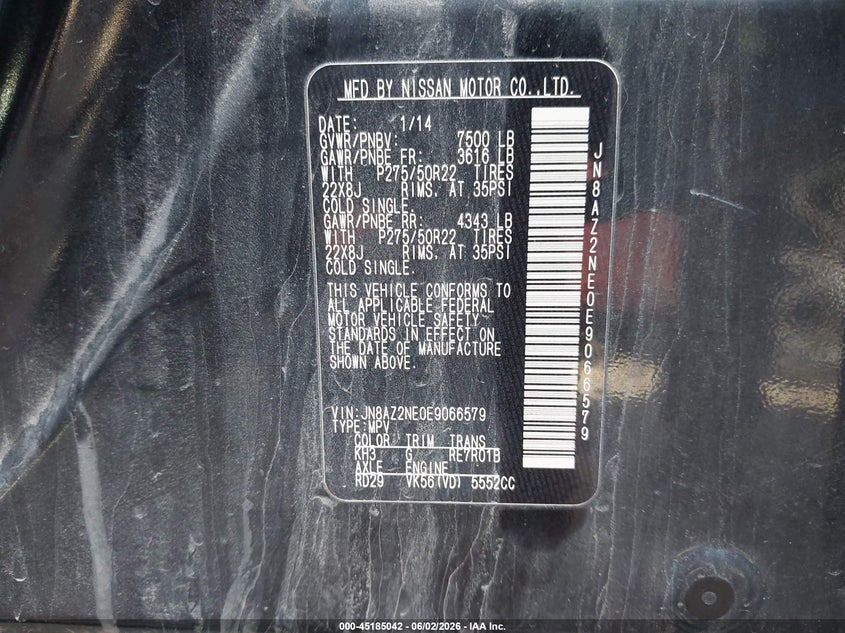 2014 Infiniti Qx80 VIN JN8AZ2NE0E9066579 IAAI salvage auction — HAIL, Salvage (Iowa), sold $2,650 on 2026-07-13 (photo 9)