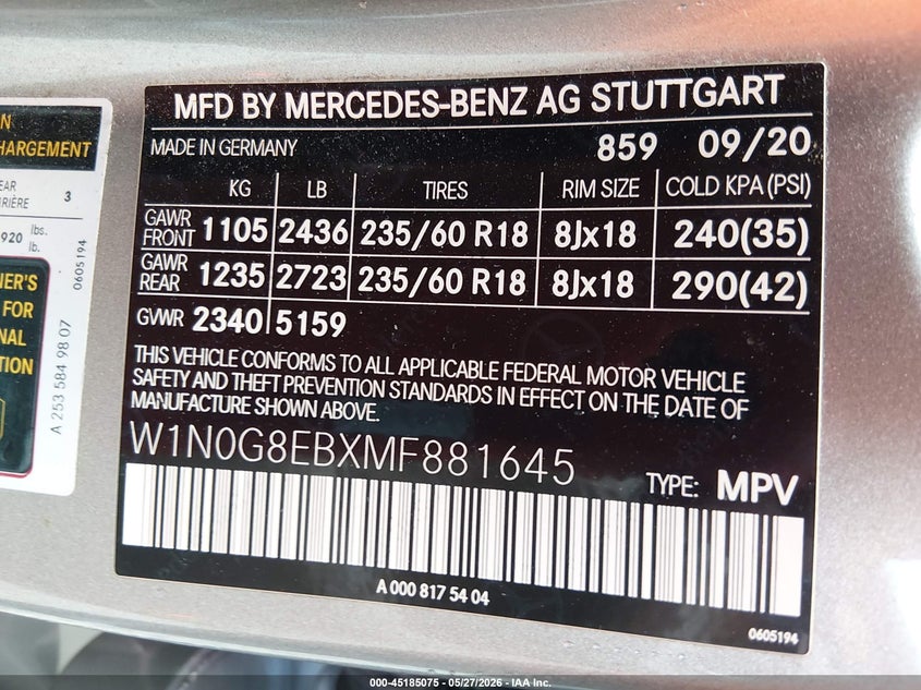 2021 Mercedes-benz Glc VIN W1N0G8EBXMF881645 IAAI salvage auction — FRONT END, Salvage Title, sold $11,300 on 2026-07-29 (photo 9)