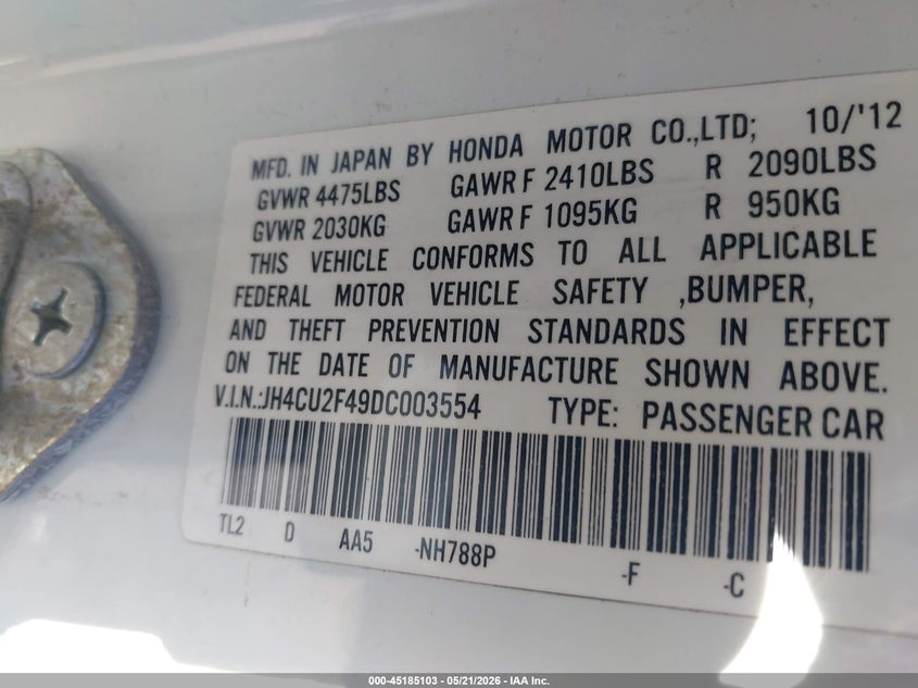 2013 Acura Tsx VIN JH4CU2F49DC003554 IAAI salvage auction — RIGHT SIDE, Salvage (California), sold $2,050 on 2026-07-16 (photo 9)