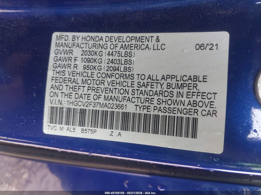 2021 Honda Accord VIN 1HGCV2F37MA023661 IAAI salvage auction — SIDE, Original (Texas), sold $7,300 on 2026-07-30 (photo 9)