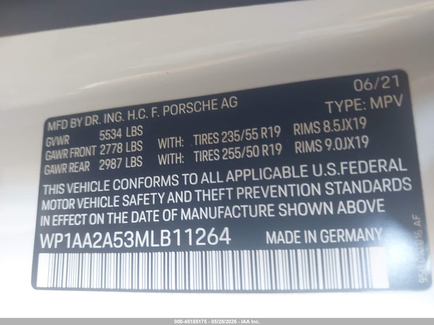2021 Porsche Macan VIN WP1AA2A53MLB11264 IAAI salvage auction — RIGHT SIDE, Salvage Title, sold $7,000 on 2026-07-28 (photo 9)
