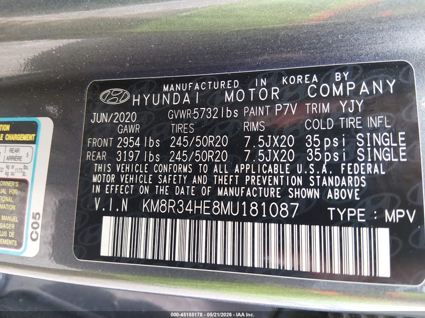 2021 Hyundai Palisade VIN KM8R34HE8MU181087 IAAI salvage auction — FRONT & REAR, Salvage (Louisiana), sold $25 on 2026-07-29 (photo 2)