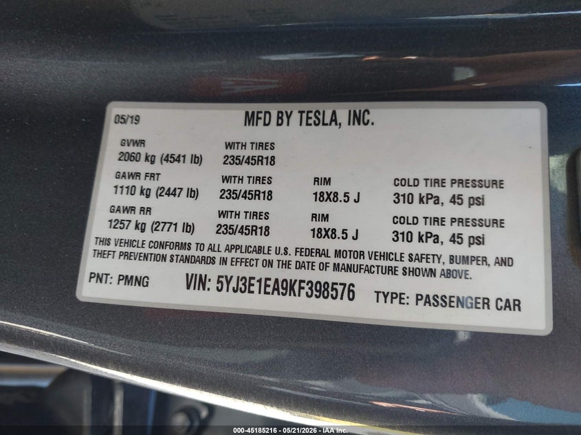 2019 Tesla Model 3 VIN 5YJ3E1EA9KF398576 IAAI salvage auction — REAR END, Salvage (California), sold $7,000 on 2026-08-24 (photo 9)