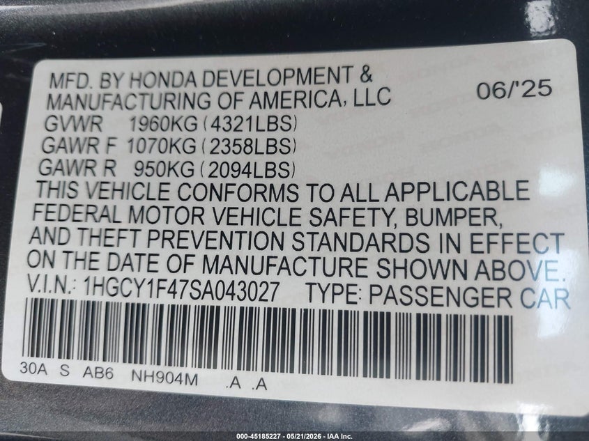 2025 Honda Accord VIN 1HGCY1F47SA043027 IAAI salvage auction — LEFT FRONT, Salvage (California), sold $8,200 on 2026-07-10 (photo 9)