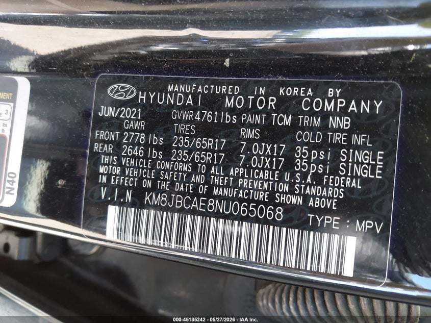 2022 Hyundai Tucson VIN KM8JBCAE8NU065068 IAAI salvage auction — FRONT END, Mv-907A (New York), sold $3,550 on 2026-07-07 (photo 9)