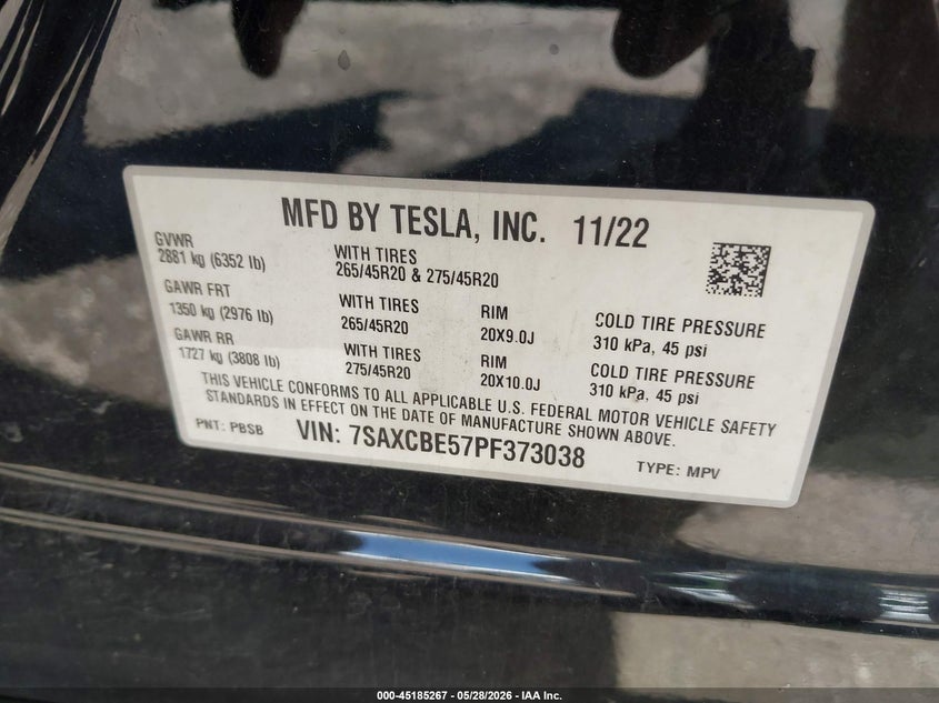 2023 Tesla Model x VIN 7SAXCBE57PF373038 IAAI salvage auction — LEFT FRONT, Salvage - 75% Or Less (Maryland), sold $13,400 on 2026-08-02 (photo 9)