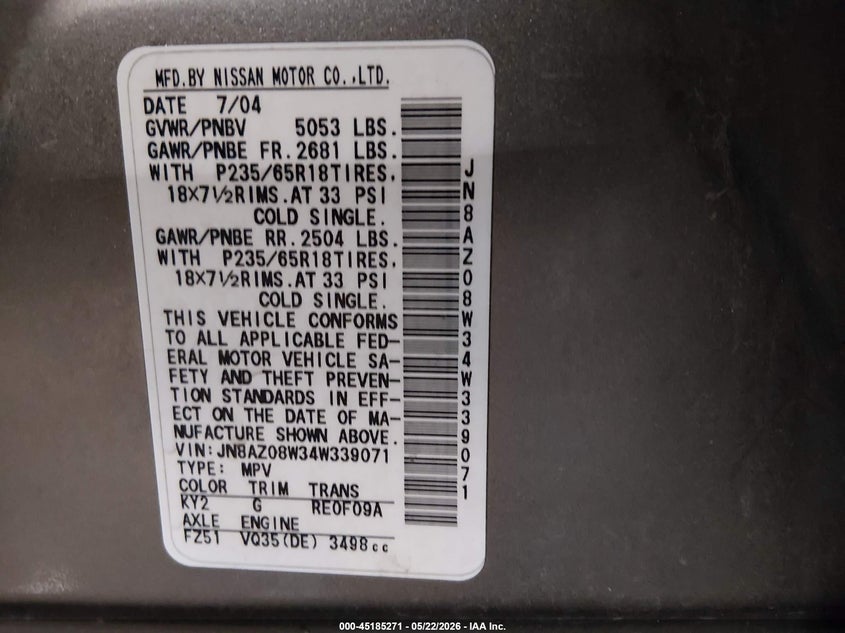 2004 Nissan Murano VIN JN8AZ08W34W339071 IAAI salvage auction — FRONT END, Salvage (Idaho), sold $75 on 2026-07-24 (photo 9)