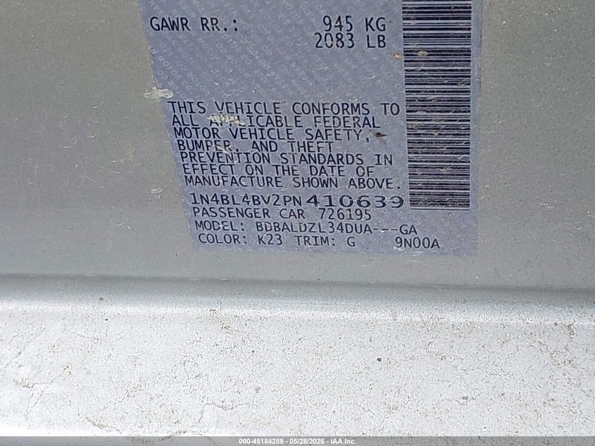 2023 Nissan Altima VIN 1N4BL4BV2PN410639 IAAI salvage auction — REAR END, Salvage Title, sold $6,950 on 2026-07-28 (photo 9)