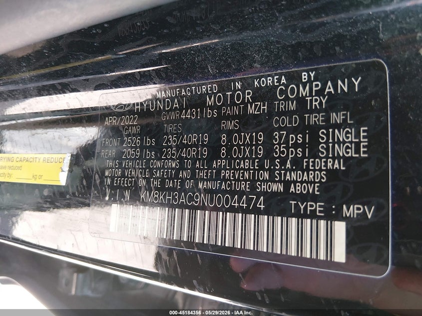 2022 Hyundai Kona VIN KM8KH3AC9NU004474 IAAI salvage auction — HAIL, Salvage (Ohio), sold $3,550 on 2026-07-28 (photo 9)
