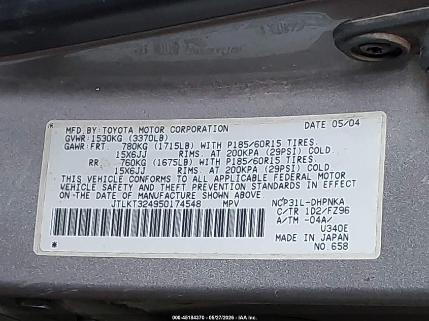 2005 Scion Xb VIN JTLKT324950174548 IAAI salvage auction — REAR END, Clear (Virginia), sold $275 on 2026-07-09 (photo 9)