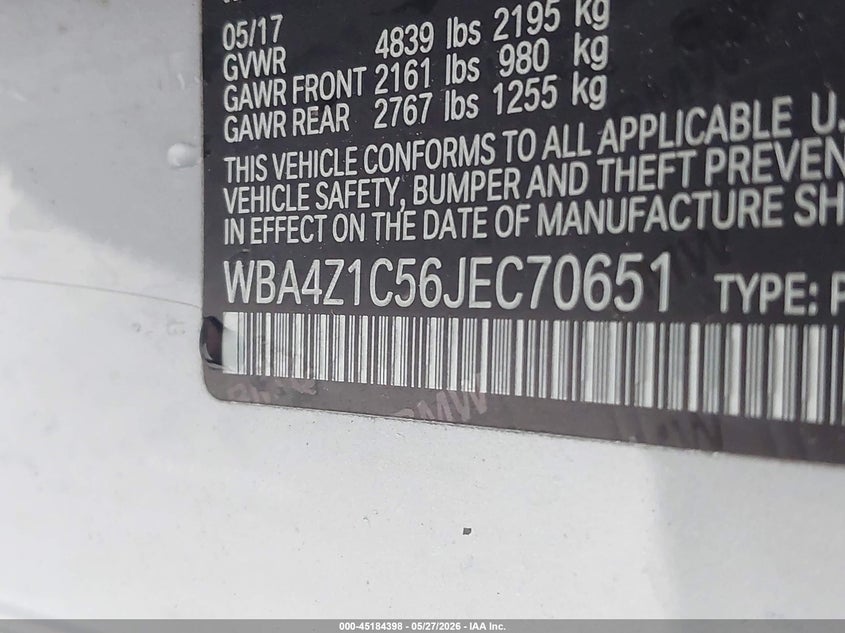 2018 BMW 4er VIN WBA4Z1C56JEC70651 IAAI salvage auction — WATER/FLOOD, Salvage (Texas), sold $2,250 on 2026-07-09 (photo 9)
