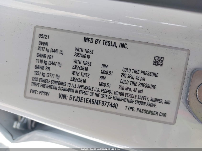 2021 Tesla Model 3 VIN 5YJ3E1EA5MF977440 IAAI salvage auction — REAR END, Rebuildable (Florida), sold $5,250 on 2026-07-16 (photo 9)