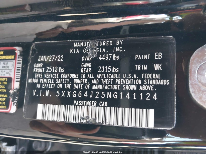 2022 Kia K5 VIN 5XXG64J25NG141124 IAAI salvage auction — LEFT FRONT, Salvage Title, sold $525 on 2026-07-21 (photo 9)