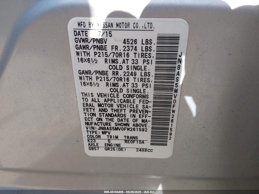 2015 Nissan Rogue VIN JN8AS5MV0FW261592 IAAI salvage auction — HAIL, Salvage (Kansas), sold $1,450 on 2026-07-31 (photo 9)