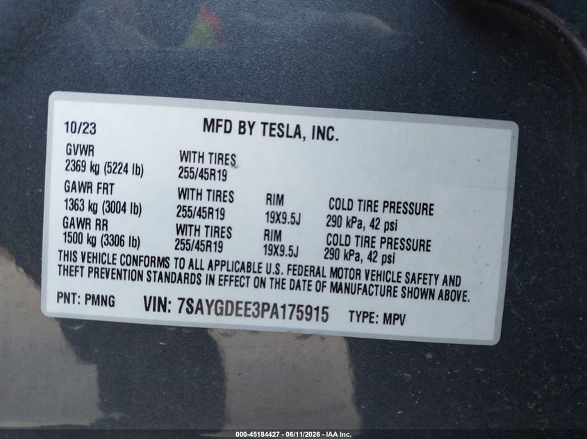 2023 Tesla Model y VIN 7SAYGDEE3PA175915 IAAI salvage auction — SIDE, Original (Texas), sold $16,450 on 2026-07-16 (photo 9)